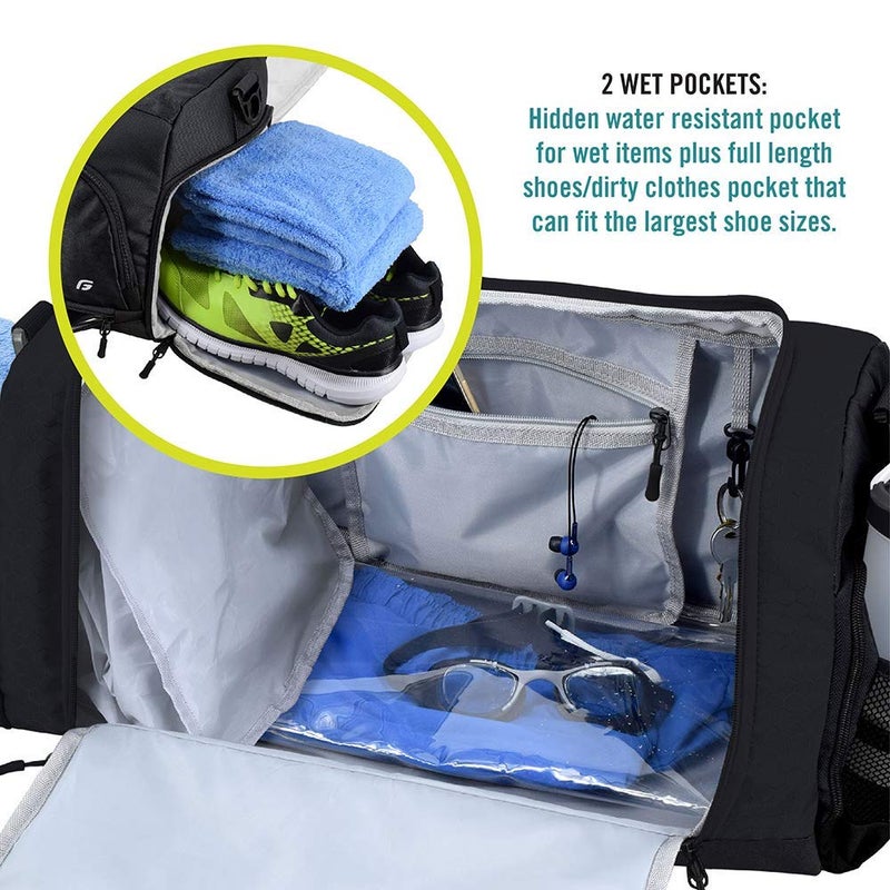 FocusGear Ultimate Gym Bag 2.0: The Durable Crowdsource Designed Duffel Bag with 10 Optimal Compartments Including Water Resistant Pouch (Black, Small (15")) - Image 3